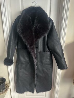 Zara Black Faux-Shearling Long Coat with Fur Trim